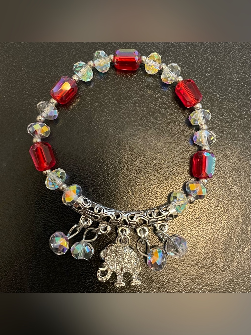 * Czech AB and Red Crystal Elephant Charm Bracelet 7”-8” stretchy NEW Gorgeous!